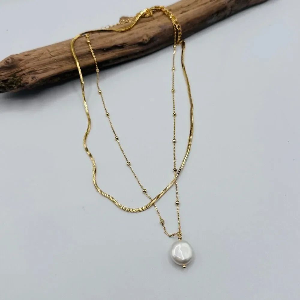 18K Gold Layered Pearl Chain Necklace